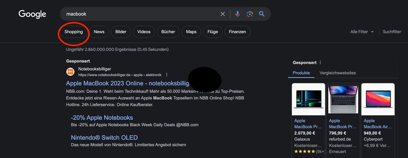 Google Shopping - Suchergebnisse